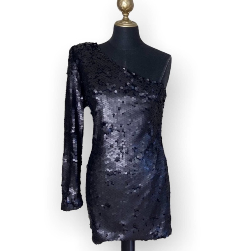 Nasty Gal Dress Matte Black One Shoulder Sequin Dress Size Small